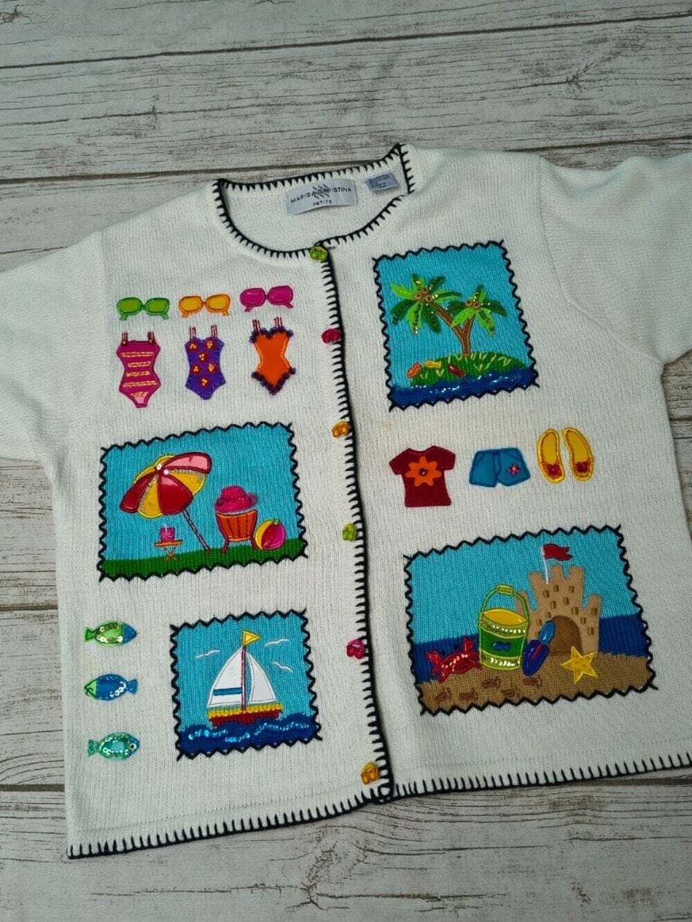 Vintage Marisa Christina Petite Beach Vacation Short Sleeve Knit Cardigan PM